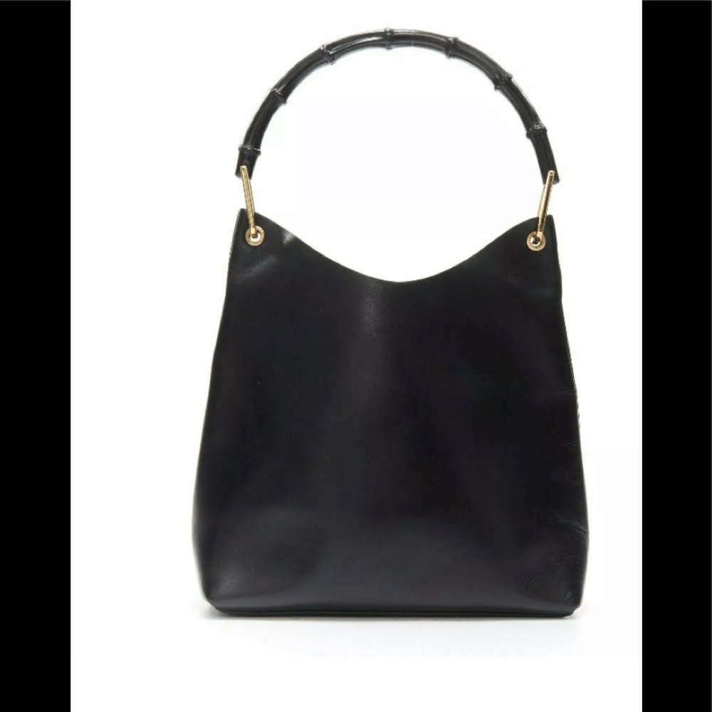 vintage GUCCI black calfskin leather Bamboo handle shoulder hobo tote bag